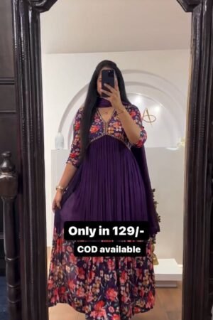 Purple Color Floral Print Anarkali Gown With Dupatta