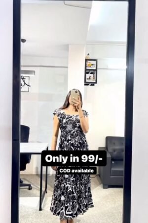 Black Color Printed Long Knee Length Dress