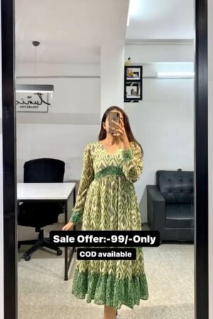 Green Color Printed Long Knee Length Dress