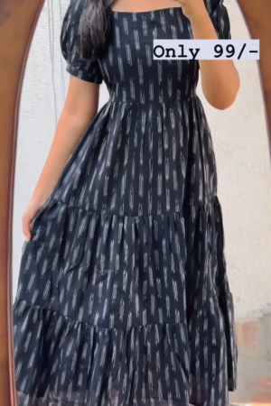 Black Cotton Printed Ruffle Dress For Regular Wear