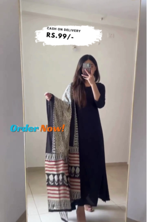 Black Rayon Solid Kurta With Dupatta