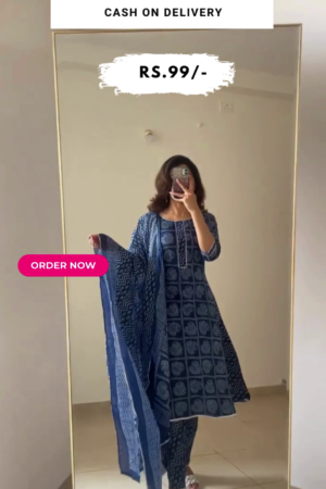 Blue Printed Cotton A-Line Kurta With Dupatta