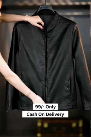 Men Mandarin Collar Solid PU Casual Windcheater Jacket