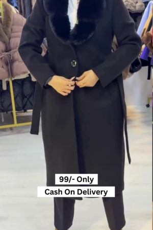 Women Black Solid Double Breasted Fur Collar Coat