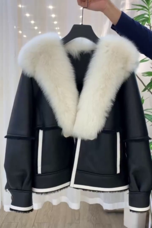 Winter Large Faux Fox Fur Collar Sheepskin Coat Women Lamb Fur Shearling With Cuff Loose Pu Leather Cropped Jacket