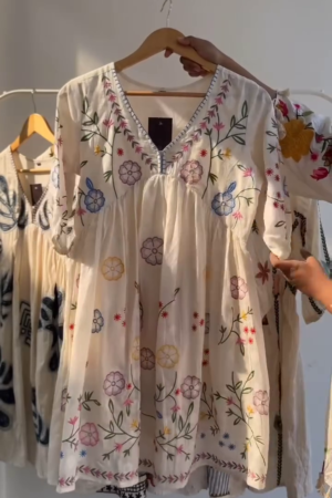 The  Floral Embroidered V-Neck Puff Sleeves Cotton Empire Dress